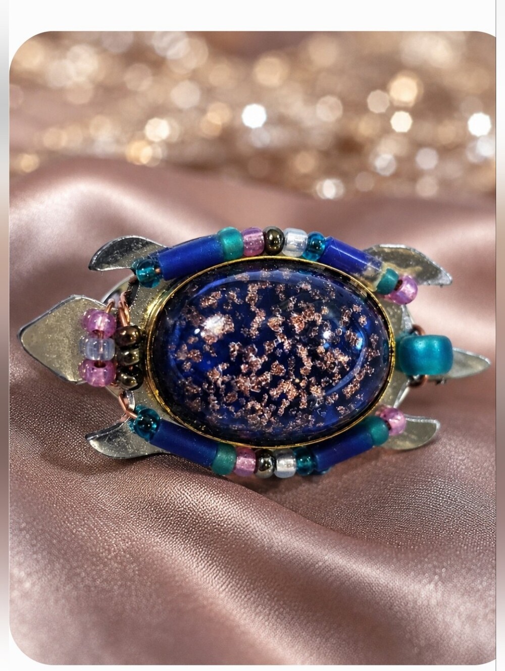 Vintage Liztech 1998 Beaded Turtle Brooch Pin Wearable Art